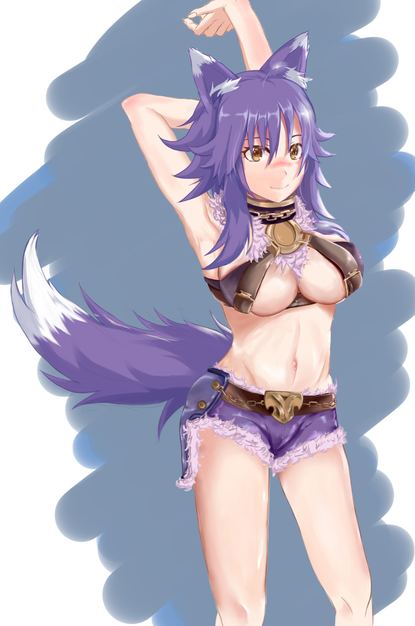 1girl animal_ear_fluff animal_ears arms_up blush breasts collar fur-trimmed_shorts fur_trim groin highres large_breasts looking_at_viewer makoto_(princess_connect!) metal_collar navel o-ring o-ring_top princess_connect! purple_hair purple_shorts shorts solo tail under_boob wolf_ears wolf_girl wolf_tail yellow_eyes