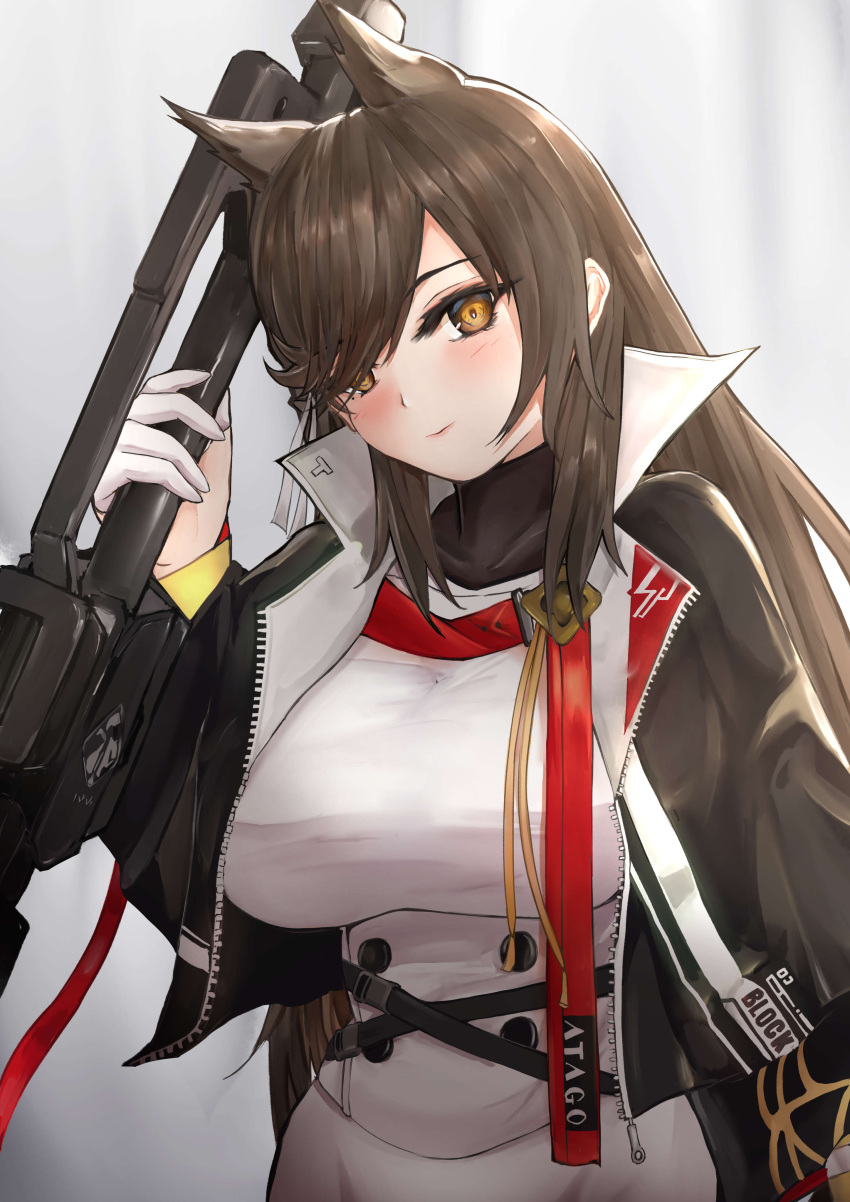 1girl absurdres animal_ears atago_(azur_lane) azur_lane belt black_jacket breasts brown_eyes brown_hair character_name code_t_(azur_lane) code_t_(azur_lane)_(cosplay) cosplay gloves hair_over_one_eye half_gloves high_collar highres holding holding_weapon jacket large_breasts looking_at_viewer open_clothes open_jacket simple_background skirt solo takahasho weapon white_background white_gloves white_skirt
