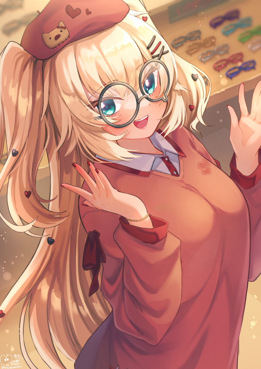 1girl :d akai_haato aqua_eyes bangs beret blonde_hair blush breasts commentary_request dress eyebrows_visible_through_hair eyewear_removed glasses hair_ornament hairpin hands_up hat heart heart_hair_ornament highres hololive indoors long_hair long_sleeves looking_at_viewer magowasabi nail_polish open_mouth red_dress red_headwear red_nails revision roboco-san smile solo two_side_up upper_body very_long_hair virtual_youtuber x_hair_ornament