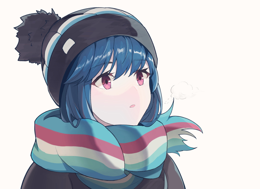 1girl absurdres bangs black_jacket breath close-up eyebrows_visible_through_hair eyelashes hair_between_eyes highres jacket light light_blush looking_afar looking_away looking_up multicolored multicolored_clothes multicolored_headwear multicolored_scarf parted_lips pom_pom_(clothes) scarf shadow shima_rin simple_background solo steam striped striped_headwear striped_scarf violet_eyes white_background woollen_cap yurucamp ziranyuan