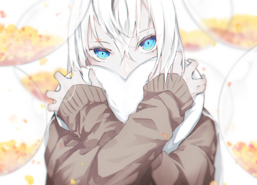 1girl blue_eyes blurry blurry_background blurry_foreground brown_sweater commentary_request covered_mouth falling_petals heart heart_pillow highres long_hair long_sleeves looking_at_viewer object_hug original petals pillow solo sweater upper_body white_hair yagi_(39583320)