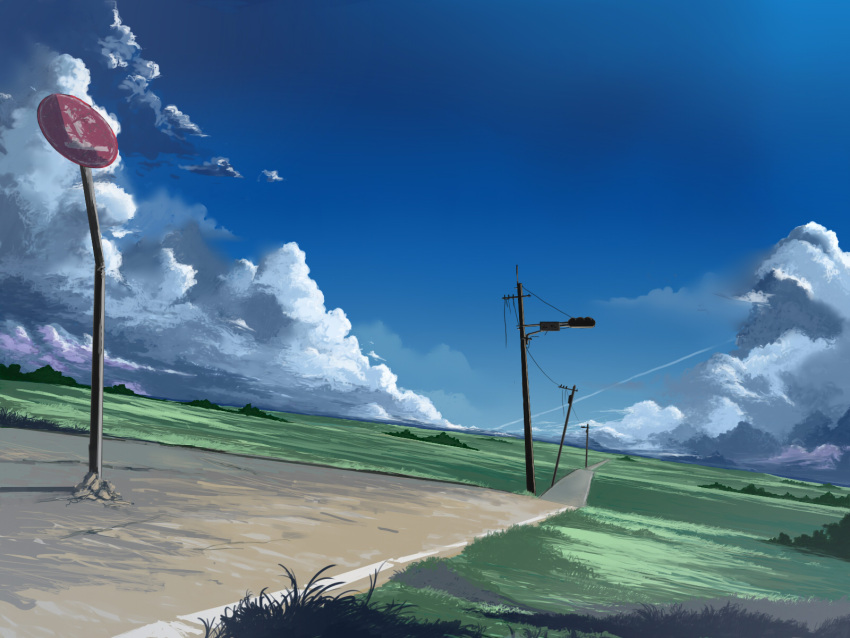 blue_sky clouds cloudy_sky commentary_request condensation_trail dark_clouds derivative_work fantasy grass highres mountainous_horizon multicolored nature no_humans pajaman perspective road road_sign scenery shadow sign sky summer sunlight traffic_light utility_pole