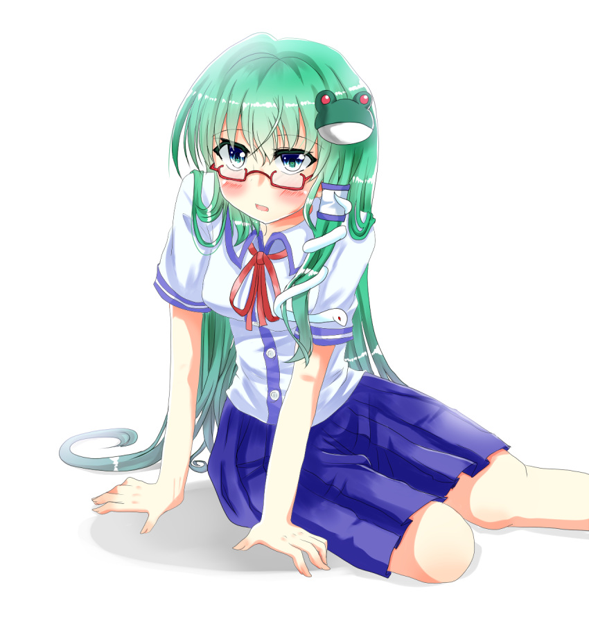 1girl alternate_costume arm_support bespectacled blue_skirt blush breasts buttons collared_shirt commentary_request dress_shirt eyebrows_visible_through_hair frog_hair_ornament glasses green_eyes green_hair hair_between_eyes hair_ornament hair_tubes highres kemo_chiharu kochiya_sanae long_hair looking_at_viewer medium_breasts neck_ribbon open_mouth pleated_skirt red-framed_eyewear red_neckwear red_ribbon ribbon semi-rimless_eyewear shadow shiny shiny_hair shirt short_sleeves sitting skirt snake_hair_ornament solo touhou two-tone_shirt under-rim_eyewear very_long_hair white_background white_shirt