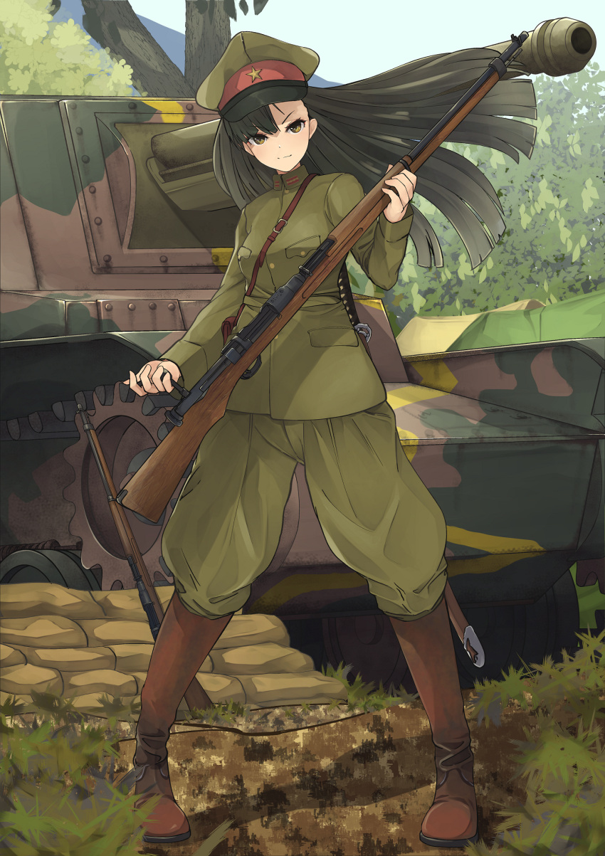 1girl black_hair boots brown_eyes brown_footwear camouflage girls_und_panzer ground_vehicle gun hat highres imperial_japanese_army kakimoto_nao katana knee_boots long_hair looking_at_viewer military military_vehicle motor_vehicle nishi_kinuyo rifle sandbag solo sword tank tree type_38_rifle uniform vehicle_request weapon