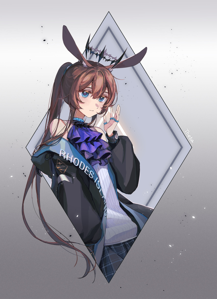 1girl amiya_(arknights) animal_ear_fluff animal_ears arknights artist_name ascot bare_shoulders black_coat blue_choker blue_eyes blue_skirt brown_hair choker closed_mouth clothes_writing coat commentary crown expressionless grey_background hand_up highres long_hair long_sleeves looking_at_viewer multiple_rings off_shoulder open_clothes open_coat plaid plaid_skirt ponytail purple_neckwear rabbit_ears shirt sidelocks simple_background skirt striped striped_shirt symbol_commentary theta_(swfh8575) vertical-striped_shirt vertical_stripes very_long_hair white_shirt