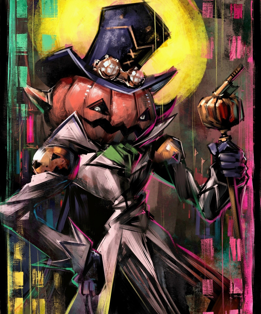 black_gloves black_headwear black_pants coat commentary cravat digimon digimon_(creature) disutihada full_moon gloves goggles goggles_on_headwear grey_coat grey_eyes hand_on_hip hat high_collar highres holding holding_scepter jack-o'-lantern long_sleeves looking_at_viewer moon multicolored multicolored_background no_humans noblepumpmon pants pumpkin scepter solo