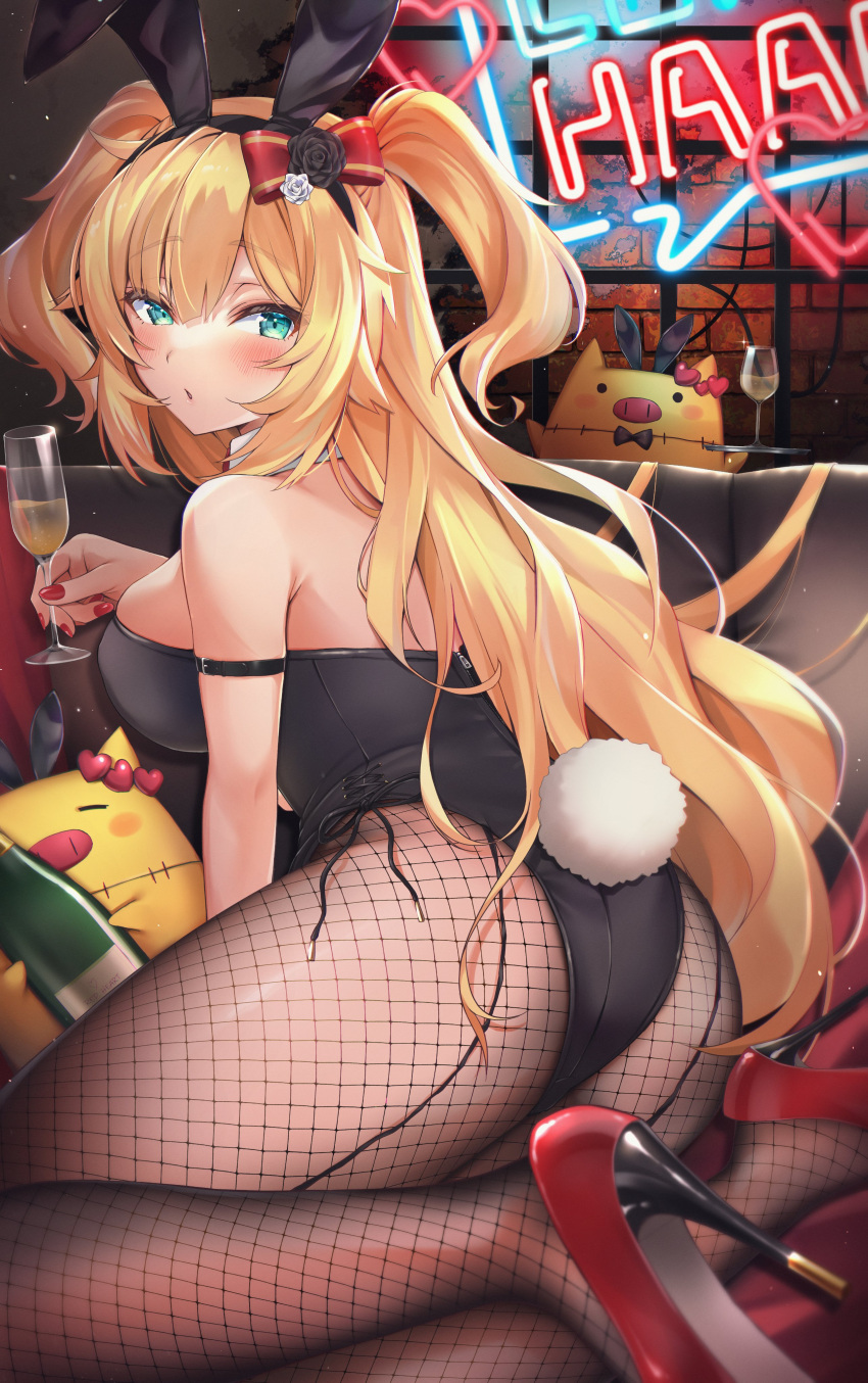 1girl absurdres akai_haato animal_ears aqua_eyes bangs bare_shoulders black_leotard blonde_hair blush bottle bow breasts bunny_tail commentary_request couch cup eyebrows_visible_through_hair fake_animal_ears fishnet_legwear fishnets flower frills from_behind haaton_(akai_haato) hair_between_eyes hair_bow hair_flower hair_ornament hairband high_heels highres holding holding_cup hololive large_breasts legs leotard long_hair looking_at_viewer looking_back makinan nail_polish on_couch pantyhose parted_lips playboy_bunny rabbit_ears red_footwear red_nails solo strapless strapless_leotard tail thighs two_side_up very_long_hair virtual_youtuber