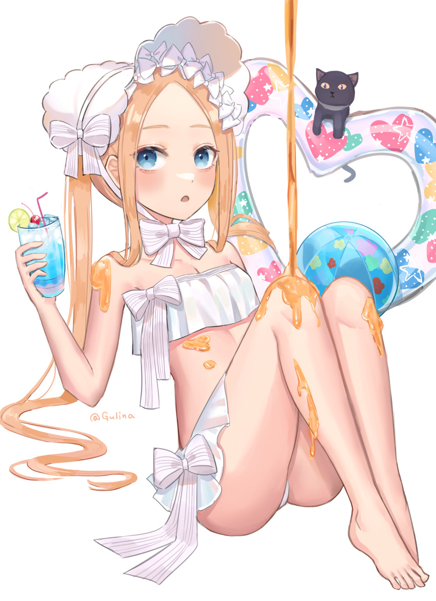 1girl abigail_williams_(fate) abigail_williams_(swimsuit_foreigner)_(fate) absurdres ball bangs bare_shoulders barefoot beachball bikini black_cat blonde_hair blue_eyes blush bonnet bow breasts cat cup fate/grand_order fate_(series) feet forehead gurina hair_bow highres innertube knees_up legs long_hair looking_at_viewer miniskirt open_mouth parted_bangs pouring sidelocks simple_background sitting skirt small_breasts swimsuit syrup twintails very_long_hair white_background white_bikini white_bow white_headwear