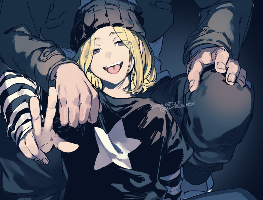1boy a'he_(the_legend_of_luoxiaohei) beanie black_headwear blonde_hair dated eyes_visible_through_hair grey_eyes hat long_sleeves medium_hair open_mouth print_shirt shadow shirt smile the_legend_of_luo_xiaohei twitter_username upper_body vox