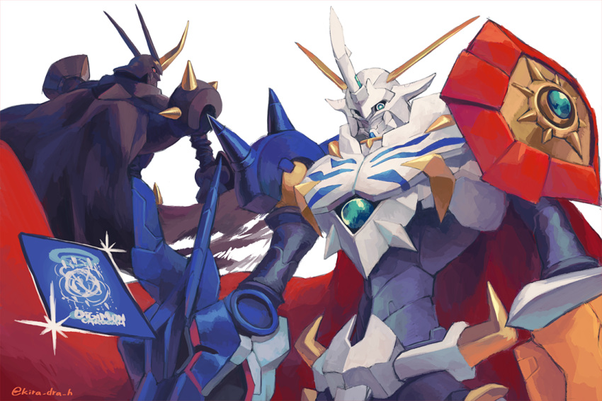 arm_cannon armor black_cape blue_eyes cape commentary_request copyright_name digimon digimon_(creature) full_armor kira_(kira_dra) looking_at_viewer looking_back no_humans omegamon omegamon_zwart red_cape red_eyes screen shoulder_armor shoulder_spikes simple_background sparkle spikes standing twitter_username weapon white_background