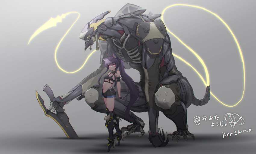 1girl absurdres ahoge animal_collar animal_ear_fluff animal_ears armband armor artist_name bare_shoulders breasts buckle claws collar commentary cyborg exposed_muscle fingerless_gloves full_body gloves gradient gradient_background highres holding holding_sword holding_weapon knee_pads long_hair mecha_musume mechanical_legs monster oota_youjo original planted_sword planted_weapon ponytail purple_hair shadow shorts shoulder_armor squatting standing stomach sword tail under_boob very_long_hair violet_eyes weapon yellow_eyes