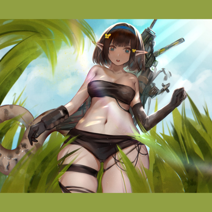 1girl :o arknights asymmetrical_gloves bandeau bangs bare_shoulders black_gloves black_hair black_panties blue_eyes blue_hairband blue_sky breasts chinese_commentary commentary_request cowboy_shot day eunectes_(arknights) gloves grass hairband highres looking_at_viewer midriff navel open_mouth outdoors panties pointy_ears short_hair sky small_breasts solo standing stomach strapless tail thigh_strap thighs tubetop ufoliving underwear