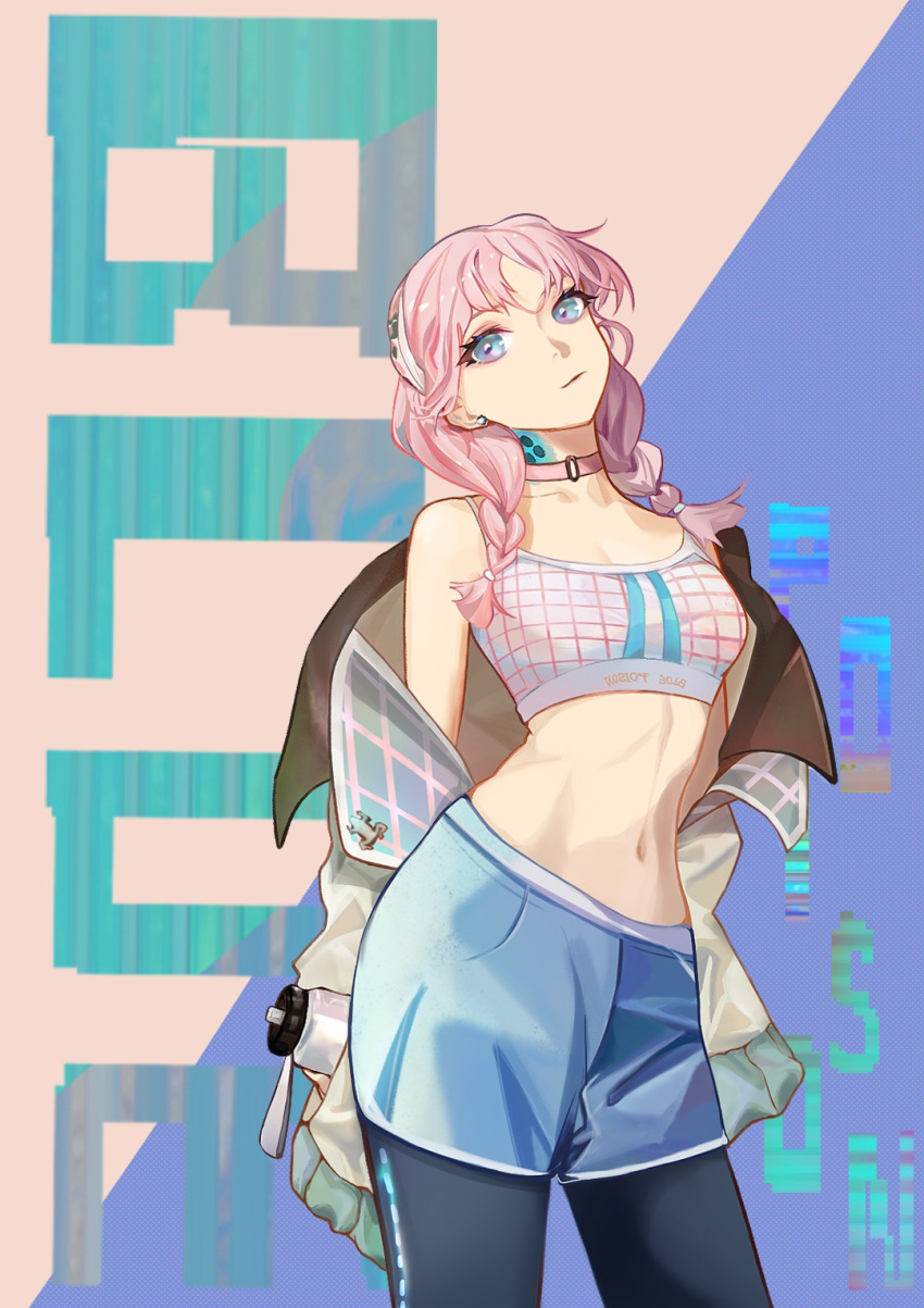 1girl arknights bangs bare_shoulders black_pants blue_background blue_eyes blue_poison_(arknights) blue_poison_(shoal_beat)_(arknights) blue_shorts braid breasts camisole character_name choker cowboy_shot crop_top hairband head_tilt highres jacket leggings long_hair long_sleeves looking_at_viewer midriff navel off_shoulder open_clothes open_jacket pants pink_background pink_choker pink_hair shorts small_breasts solo sports_bra standing stomach twin_braids two-tone_background yizuoyigekeng