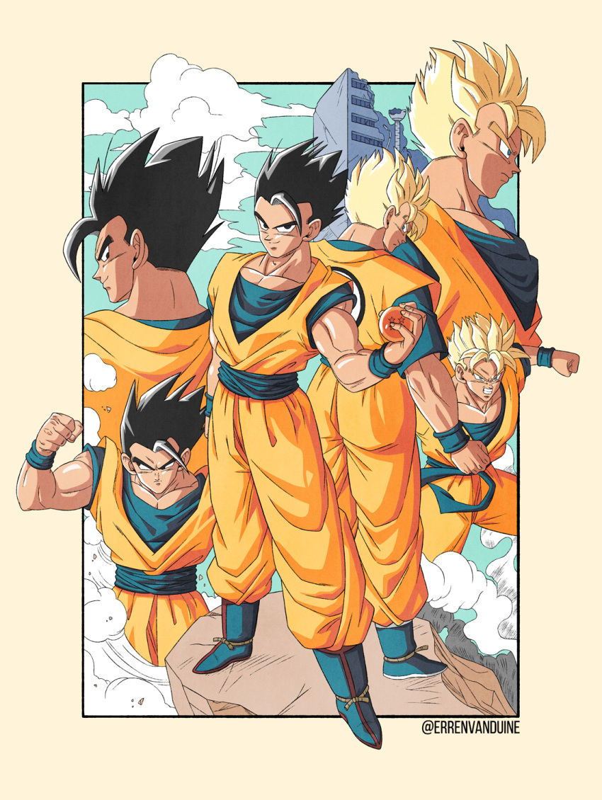 2boys black_hair blonde_hair boots bracer closed_mouth dougi dragon_ball dragon_ball_(object) dragon_ball_z dual_persona english_commentary erren_van_duine fighting_stance green_eyes highres holding male_focus multiple_boys multiple_views smile son_gohan son_gohan_(future) standing super_saiyan super_saiyan_1