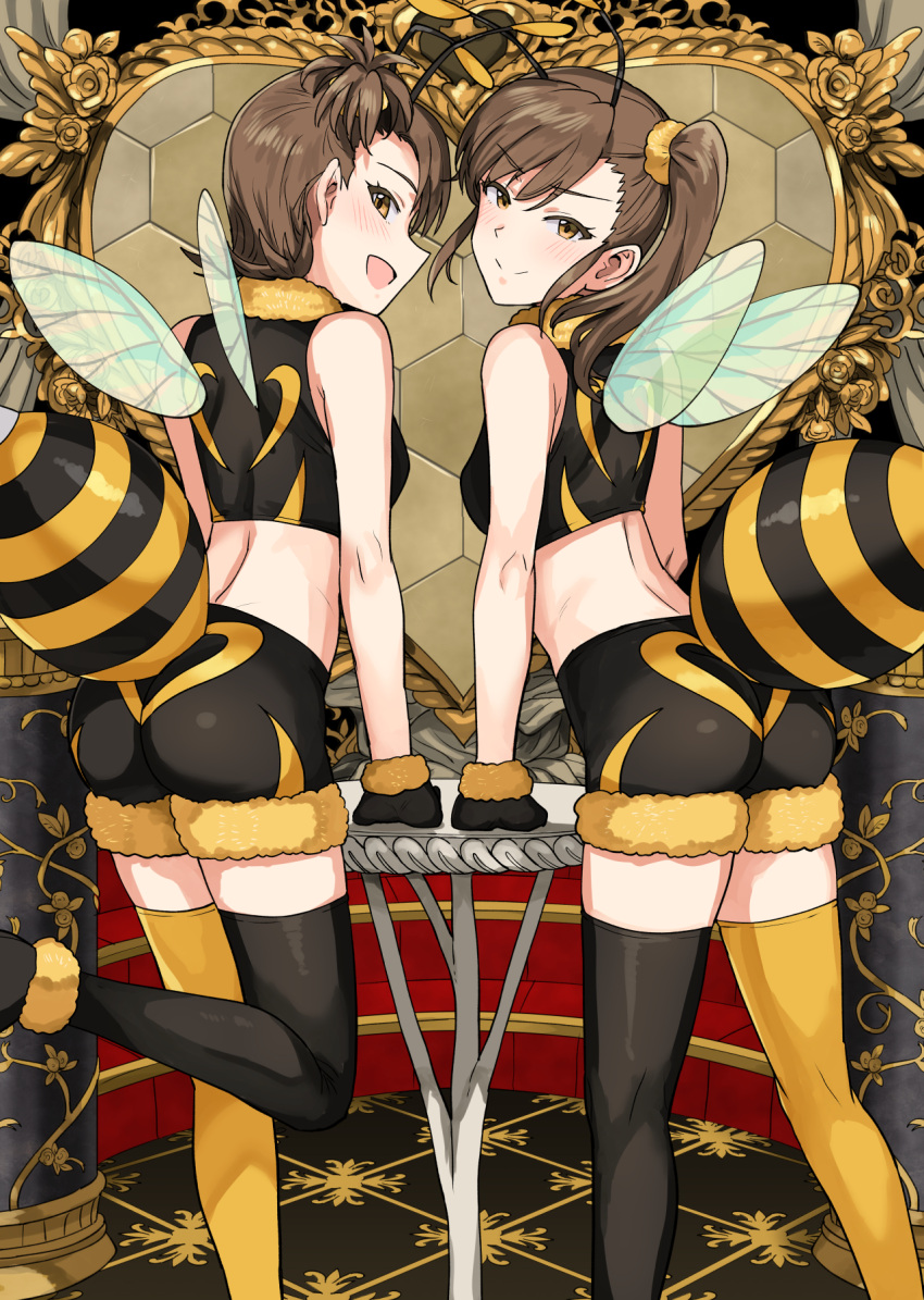 &gt;:) 2girls :d antennae ass black_gloves black_legwear black_shorts blush breasts brown_eyes closed_mouth commentary_request crop_top fake_antennae fake_wings from_behind fur-trimmed_gloves fur-trimmed_shorts fur_collar fur_trim futami_ami futami_mami gloves hair_ornament hair_scrunchie heart highres idolmaster idolmaster_(classic) insect_wings leg_up looking_at_viewer looking_back mismatched_legwear multiple_girls one_side_up open_mouth scrunchie short_hair shorts siblings side_ponytail sleeveless small_breasts smile standing standing_on_one_leg table thigh-highs tsurui twins wings yellow_legwear