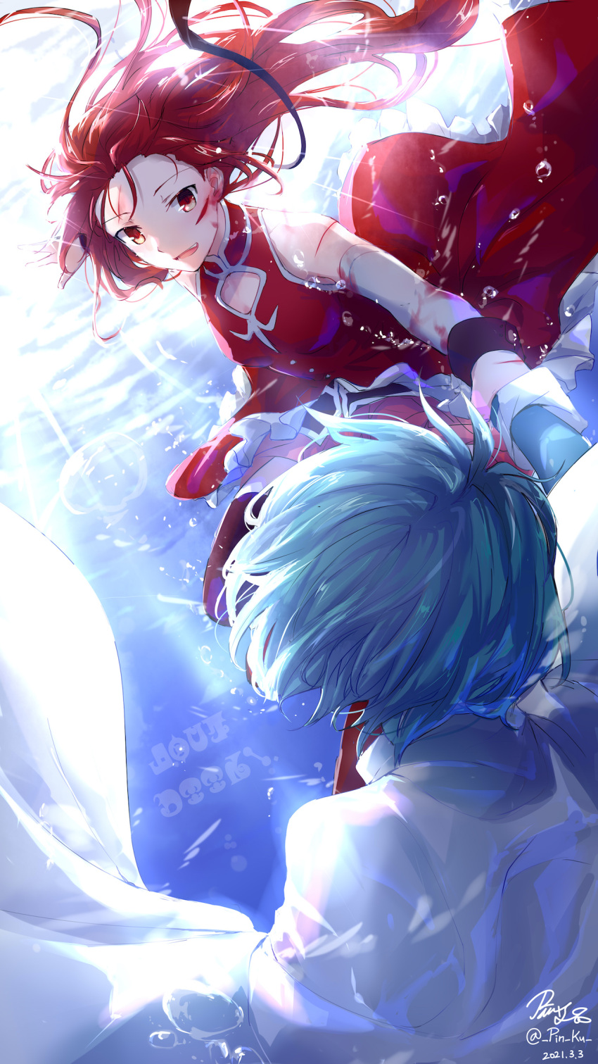 2girls arm_grab bare_shoulders blood blue_hair boots cape cuts hair_down hair_ribbon highres injury long_hair madoka_runes mahou_shoujo_madoka_magica miki_sayaka multiple_girls open_mouth pin.s red_eyes red_legwear redhead ribbon sakura_kyouko short_hair skirt smile thigh-highs thigh_boots underwater