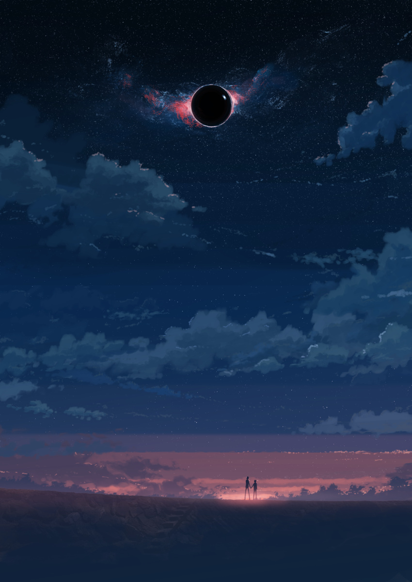 2others absurdres ambiguous_gender clouds cloudy_sky eclipse hati_98 highres holding_hands multiple_others night night_sky original outdoors scenery sky standing star_(sky) starry_sky very_wide_shot