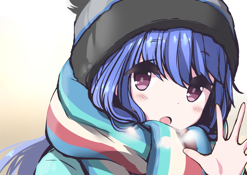 1girl bangs blue_eyes blue_jacket blush breath close-up commentary_request eyebrows_visible_through_hair eyes_visible_through_hair gradient gradient_background hair_down jacket long_hair looking_at_viewer multicolored multicolored_clothes multicolored_headwear multicolored_scarf n2midori open_hand open_mouth scarf shima_rin simple_background solo steam striped striped_headwear striped_scarf violet_eyes woollen_cap yurucamp