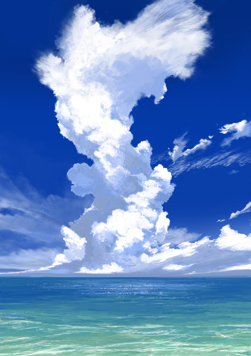 absurdres blue_sky blur cloud_focus clouds cloudy_sky commentary_request derivative_work highres horizon light multicolored nature no_humans ocean pajaman reflective_water scenery sky summer sunlight water wind