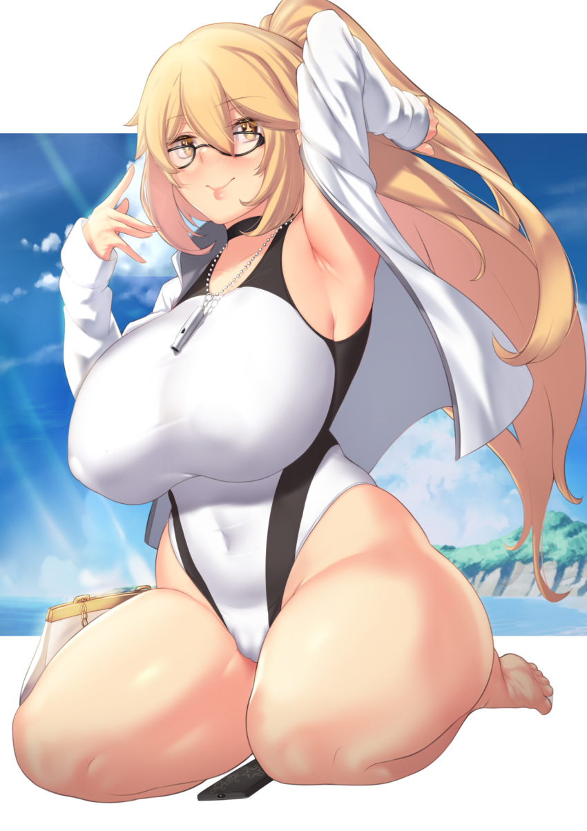 1girl arm_up armpits aster_crowley bag beach blonde_hair blue_sky breasts closed_mouth clouds covered_navel covered_nipples curvy fate/grand_order fate_(series) glasses handbag high_ponytail highleg highleg_swimsuit highres jacket jeanne_d'arc_(fate)_(all) jeanne_d'arc_(swimsuit_archer)_(fate) kneeling large_breasts long_hair ocean one-piece_swimsuit open_clothes open_jacket plump shore sky smile swimsuit thighs water whistle whistle_around_neck white_jacket white_swimsuit yellow_eyes