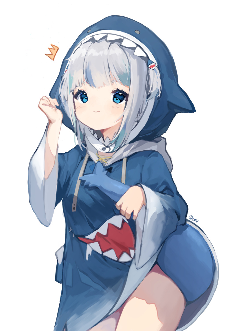 1girl absurdres animal_hood blue_eyes blue_hair blue_hoodie closed_mouth cowboy_shot fish_tail gawr_gura hair_ornament hands_up highres holding_tail hololive hololive_english hood hoodie light_blush long_sleeves looking_at_viewer multicolored_hair no_pants shark_hair_ornament shark_hood shark_tail simple_background solo streaked_hair tail thighs twitter_username umi_(umikwi) white_background white_hair