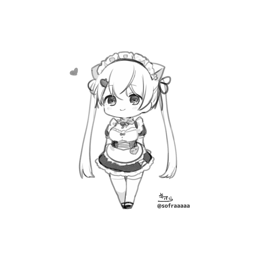 1girl animal_ear_fluff animal_ears apron bangs blush breasts cat_ears chibi closed_mouth commentary_request copyright_request dress eyebrows_visible_through_hair greyscale hair_between_eyes hair_ornament hairclip heart highres long_hair maid_headdress medium_breasts monochrome puffy_short_sleeves puffy_sleeves shoes short_sleeves signature simple_background smile sofra solo standing thigh-highs twitter_username two_side_up very_long_hair waist_apron white_background
