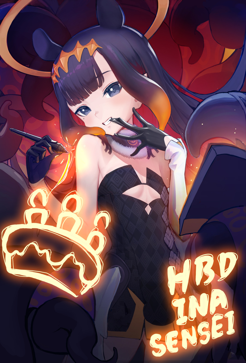 1girl absurdres bangs bare_shoulders biting black_dress black_gloves blue_eyes blunt_bangs book character_name chyffon commentary cutout_above_navel detached_sleeves dress eyebrows_behind_hair fur-trimmed_collar glove_biting gloves gradient_hair halo hands_up happy_birthday head_tilt highres holding holding_stylus hololive hololive_english long_hair long_sleeves looking_at_viewer mole mole_under_eye multicolored_hair ninomae_ina'nis open_book orange_hair purple_hair sidelocks smile solo stylus teeth tentacles virtual_youtuber