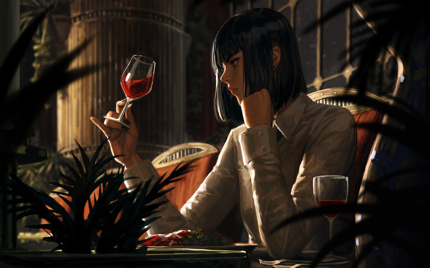 1girl alcohol bangs black_hair blurry blurry_background blurry_foreground chair collared_shirt commentary cup depth_of_field drinking_glass eyebrows_visible_through_hair food from_side guweiz hands_up highres holding holding_cup long_sleeves looking_away on_chair original plate profile shirt sitting solo symbol_commentary table thick_eyebrows upper_body white_shirt wine wine_glass