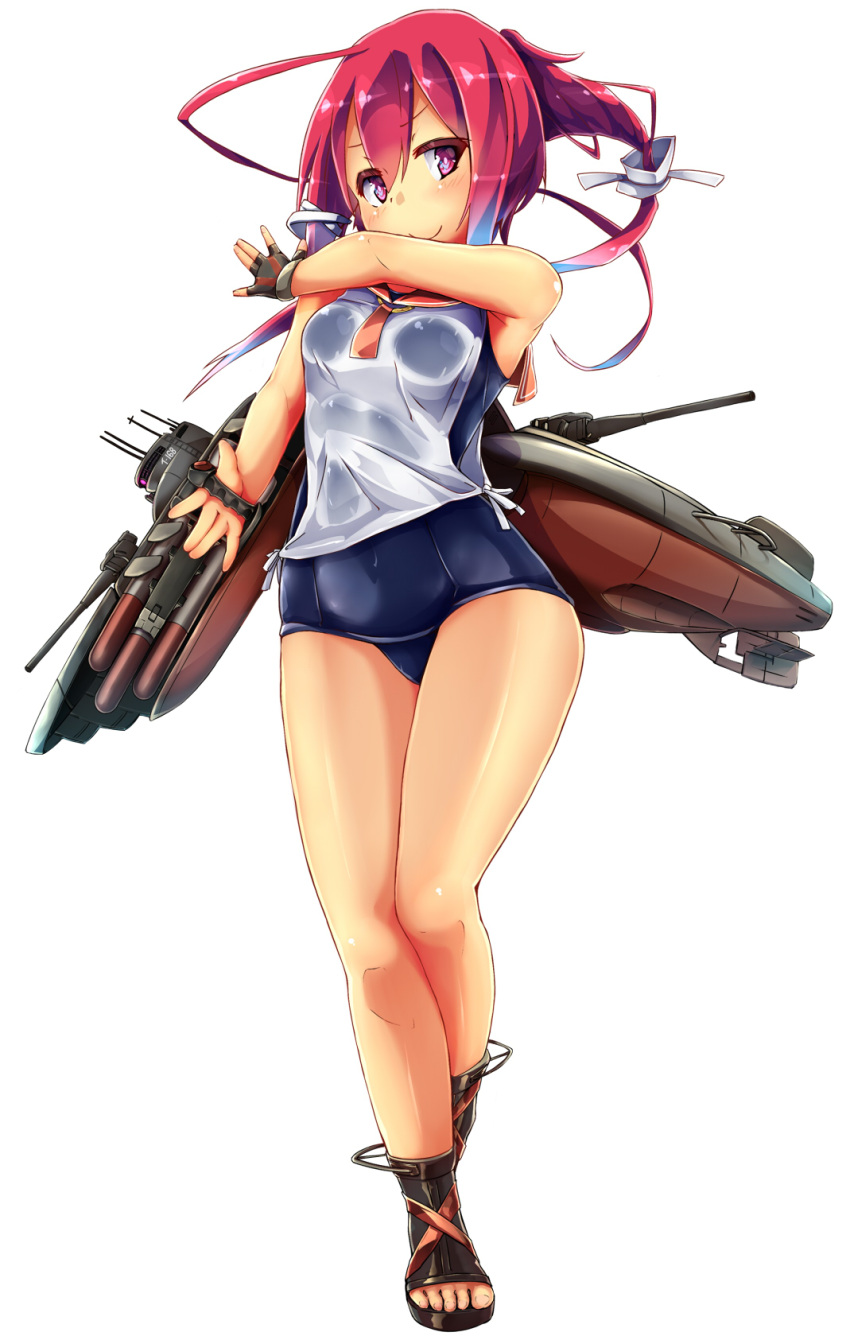 1girl blue_swimsuit brown_gloves commentary_request fingerless_gloves full_body gloves highres i-168_(kancolle) kantai_collection long_hair looking_at_viewer machinery orange_sailor_collar ponytail red_eyes redhead sailor_collar sandals school_swimsuit school_uniform side-tie_shirt simple_background sleeveless solo standing swimsuit unomi white_background