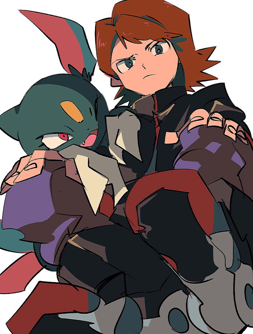 black_eyes black_jacket closed_eyes closed_mouth fang frown gen_2_pokemon hands_on_own_knees happy highres jacket looking_at_viewer pokemon pokemon_(game) pokemon_gsc redhead serious silver_(pokemon) sitting sneasel squatting