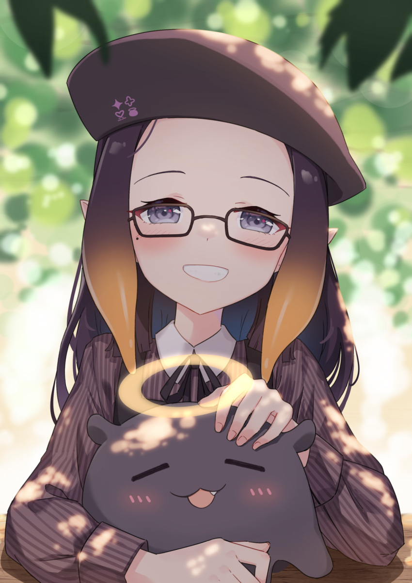 1girl beret black_ribbon blurry blurry_background blush brown_shirt commentary creature english_commentary fang glasses gradient_hair grin halo hat highres hololive hololive_english long_hair long_sleeves looking_at_viewer mole mole_under_eye multicolored_hair ninomae_ina'nis official_alternate_costume orange_hair petting pointy_ears profnote purple_hair ribbon shirt smile solo tako_(ninomae_ina'nis) upper_body violet_eyes virtual_youtuber