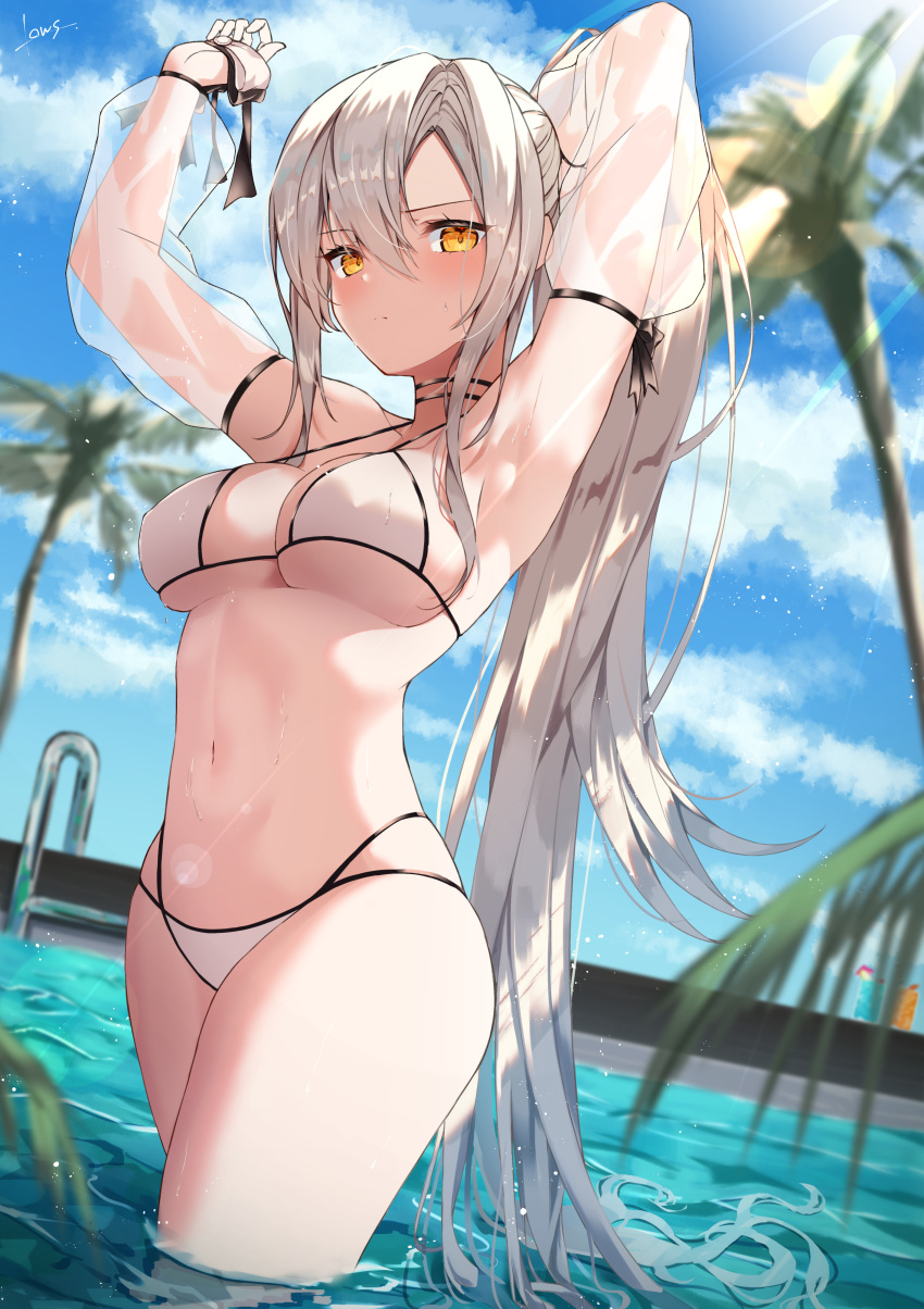 1girl absurdres armpits arms_up azur_lane bikini black_choker blue_sky blush breasts choker closed_mouth commentary_request day detached_sleeves drake_(the_golden_hind's_respite)_(azur_lane) high_ponytail highres large_breasts light_rays long_hair long_sleeves looking_at_viewer lows. navel outdoors pool pool_ladder see-through silver_hair skindentation sky solo stomach strap_gap sunbeam sunlight swimsuit under_boob very_long_hair wading water white_bikini yellow_eyes