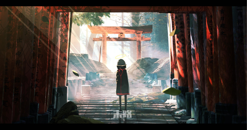 1other absurdres alone00117 ambiguous_gender black_coat black_legwear coat dappled_sunlight halo hat highres leaf moss multiple_torii original outdoors rubble scenery shadow solo standing sunlight thigh-highs torii tree wide_shot
