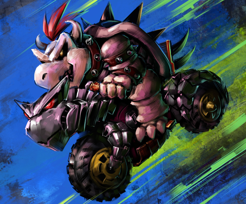 1boy bowser bracelet claws commentary disutihada driving dry_bowser from_side glowing glowing_eye ground_vehicle highres horns jewelry male_focus super_mario_bros. mario_kart motor_vehicle motorcycle multicolored multicolored_background on_motorcycle open_mouth redhead riding sharp_teeth short_hair solo spiked_armlet spiked_bracelet spiked_shell spikes teeth turtle_shell yellow_eyes