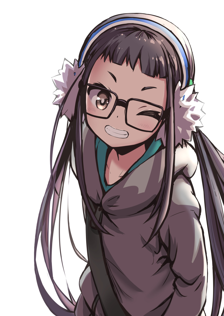1girl absurdres arms_at_sides backlighting black_hair blue_sweater clenched_teeth commentary_request earmuffs glasses grey_hoodie head_tilt highres hood hoodie light_blush long_hair n2midori one_eye_closed oogaki_chiaki short_bangs simple_background smile solo standing strap sweater teeth twintails upper_body white_background yurucamp zipper
