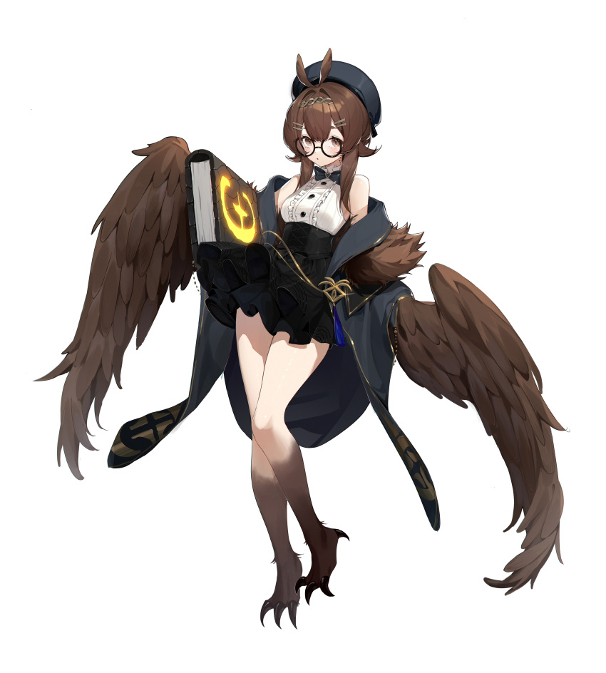 1girl :o absurdres animal_ears bangs bare_shoulders beret black_bow black_headwear black_jacket black_skirt book bow breasts brown_eyes brown_hair brown_wings claws clover_theater commentary feathered_wings full_body glasses guangsupaomian hair_ornament hairband hairpin harpy hat highres holding holding_book jacket long_hair looking_at_viewer medium_breasts monster_girl norris_(clover_theater) shirt skirt sleeveless sleeveless_shirt solo symbol_commentary white_background white_shirt winged_arms wings