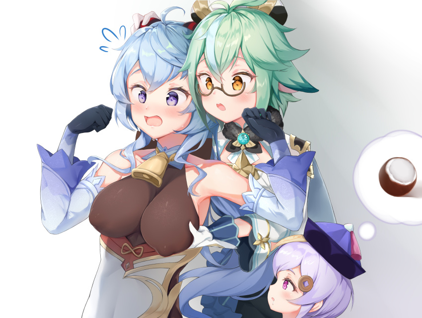 3girls ahoge animal_ears armpits bell blue_hair blush breast_envy breasts coconut cowbell detached_sleeves drooling ganyu_(genshin_impact) genshin_impact glasses gloves goat_horns green_eyes green_hair hair_ornament hat highres horns jiangshi kanon_12361024 large_breasts long_hair long_sleeves multiple_girls open_mouth purple_hair qing_guanmao qiqi_(genshin_impact) short_hair sucrose_(genshin_impact) violet_eyes yellow_eyes yuri