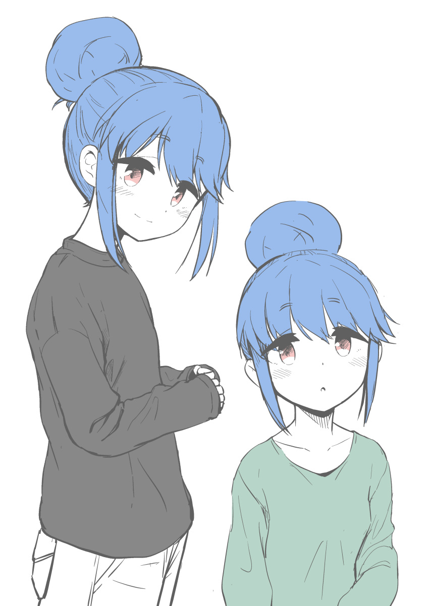 1girl absurdres alternate_eye_color bangs black_sweater blue_hair closed_mouth commentary_request eyebrows_visible_through_hair from_side full_body green_shirt hair_between_eyes hair_bun hands_together head_tilt highres light_blush long_hair long_sleeves looking_at_viewer multiple_views n2midori orange_eyes pants parted_lips partially_colored pocket shima_rin shirt simple_background smile standing sweater upper_body white_background white_pants yurucamp