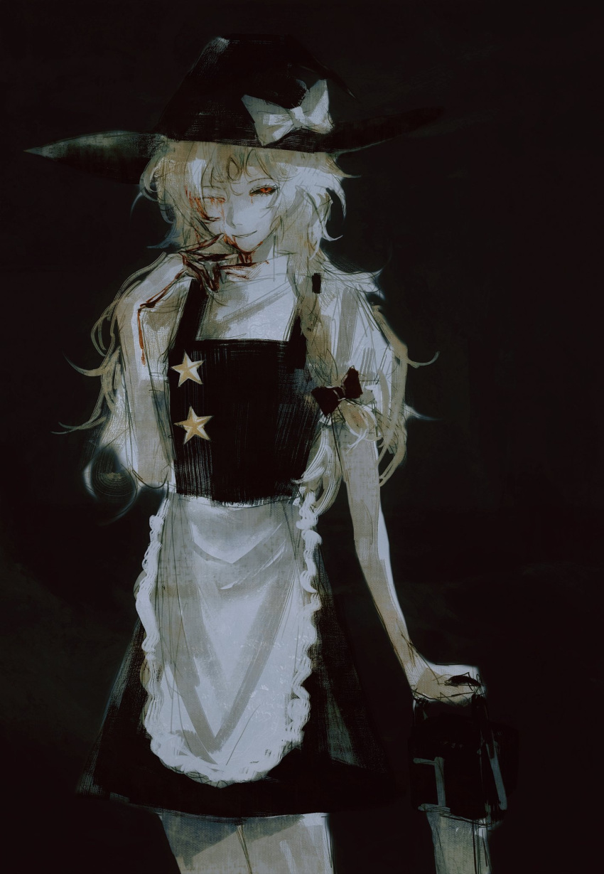 1girl apron bangs black_headwear black_sclera black_skirt black_vest blonde_hair blood bloody_hands bow braid chainsaw colored_sclera cookie_(touhou) cowboy_shot grin hair_bow hat hat_bow highres holding_chainsaw kirisame_marisa long_hair looking_at_viewer one_eye_closed red_bow red_eyes side_braid single_braid skirt smile solo star_(symbol) suzu_(cookie) touhou vest waist_apron white_apron white_bow witch_hat xbsx