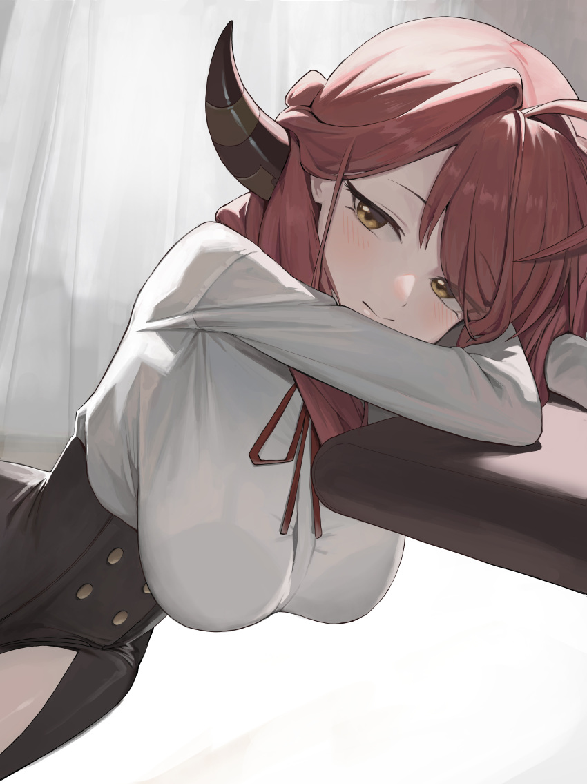 1girl absurdres arm_support aru_(blue_archive) black_skirt blue_archive blush bralines breasts brown_hair closed_mouth curtains goowonjoon hanging_breasts high-waist_skirt highres horns large_breasts long_hair long_sleeves looking_at_viewer neck_ribbon reclining red_neckwear red_ribbon ribbon skirt smile yellow_eyes