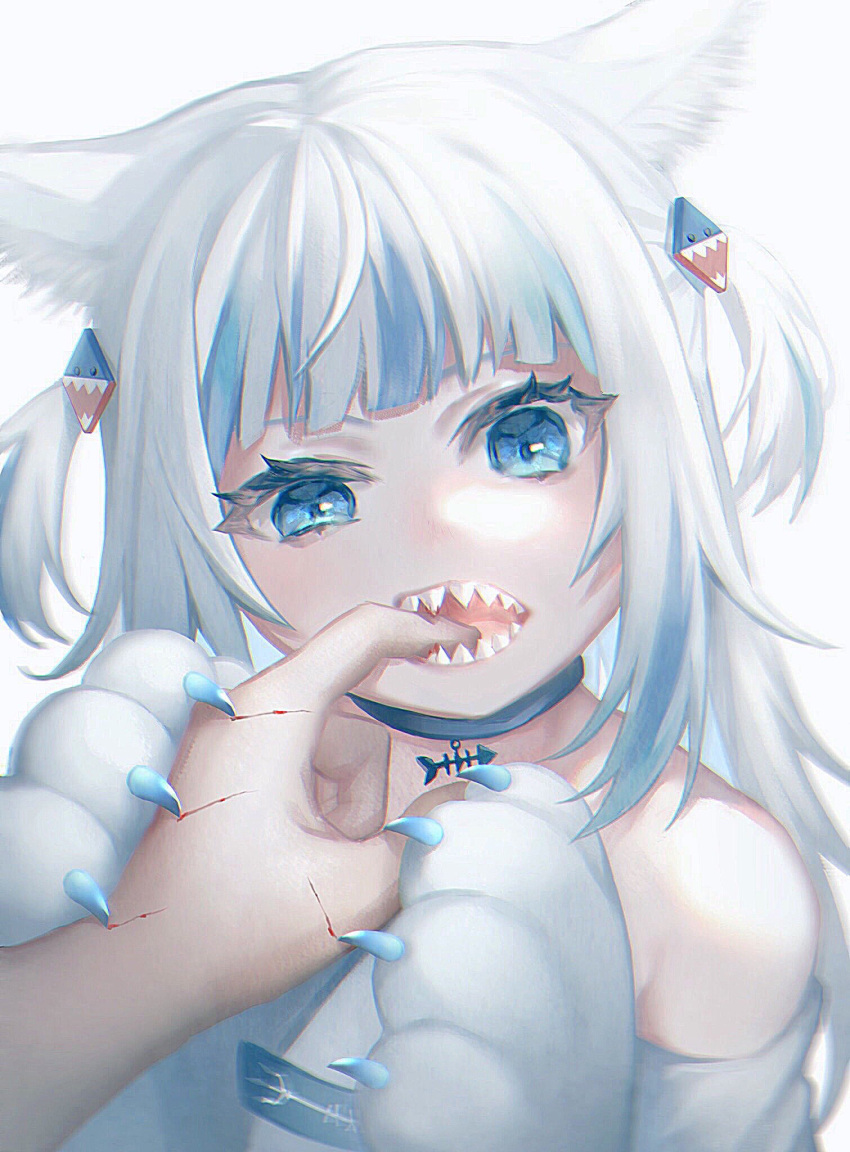 1girl animal_ear_fluff animal_ears bangs bare_shoulders biting black_collar blue_collar blue_eyes blue_hair blunt_bangs blurry cat_ears chromatic_aberration claws collar commentary_request depth_of_field finger_biting finger_in_another's_mouth gawr_gura gloves hair_ornament hands_up highres hololive hololive_english injury long_hair looking_at_viewer mikemomonga multicolored_hair off-shoulder_shirt off_shoulder open_mouth paw_gloves paws pov pov_hands scratches scratching shark_hair_ornament sharp_teeth shirt simple_background solo_focus streaked_hair teeth tsurime two_side_up uneven_eyes upper_body virtual_youtuber white_background white_hair white_shirt