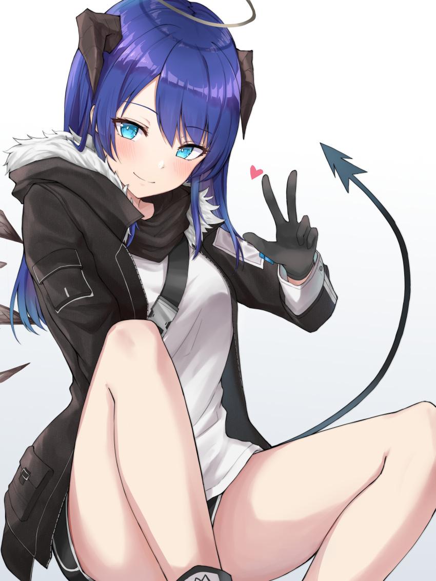 1girl absurdres angel arknights bare_legs black_gloves black_jacket black_shorts blue_eyes blue_hair blush breasts demon_horns demon_tail energy_wings fur-trimmed_jacket fur_trim gloves hair_over_one_eye halo hand_up heart highres hood hooded_jacket horns jacket knees_apart_feet_together knees_up long_hair looking_at_viewer mango_(mgo) medium_breasts mostima_(arknights) open_clothes open_jacket shirt short_shorts shorts simple_background smile solo spread_legs tail thighs w white_background white_shirt