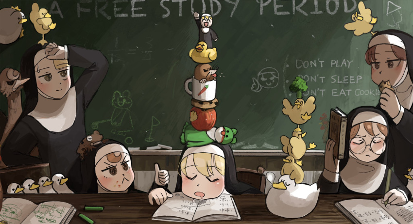 5girls :&lt; ^_^ animal_on_head animal_tower apple balancing bird bird_on_head bite_mark blonde_hair book broccoli brown_eyes brown_hair catholic chair chalk chalkboard character_doll chicken chocolate_chip_cookie clinging closed_eyes coffee_mug commentary cookie covering cup desk diva_(hyxpk) doll doodle drawing drooling duck duckling eating english_commentary food food_on_face frog fruit habit hand_on_hip highres holding holding_book left-handed little_nun_(diva) mole_(animal) mug multiple_girls nose_bubble notebook nun on_head ostrich out_of_frame red_eyes redhead sleeping smile stack star_(symbol) studying sweat thumbs_up tongue tongue_out wiping_sweat writing yellow_eyes