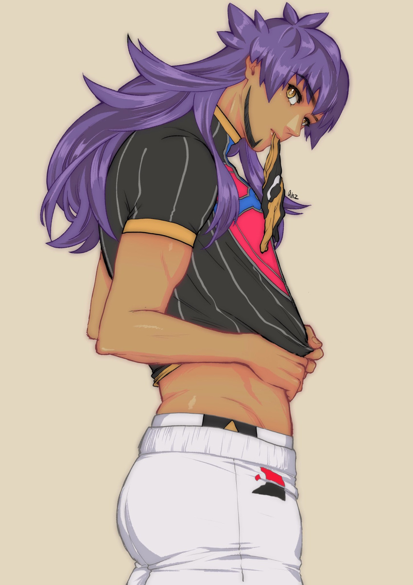 1boy anzu_(user_ufpf3257) bangs bright_pupils champion_uniform commentary dark-skinned_male dark_skin facial_hair gloves gloves_removed head_down highres leon_(pokemon) long_hair male_focus mouth_hold pokemon pokemon_(game) pokemon_swsh purple_hair shirt shirt_tug short_sleeves shorts signature single_glove solo white_pupils white_shorts yellow_eyes