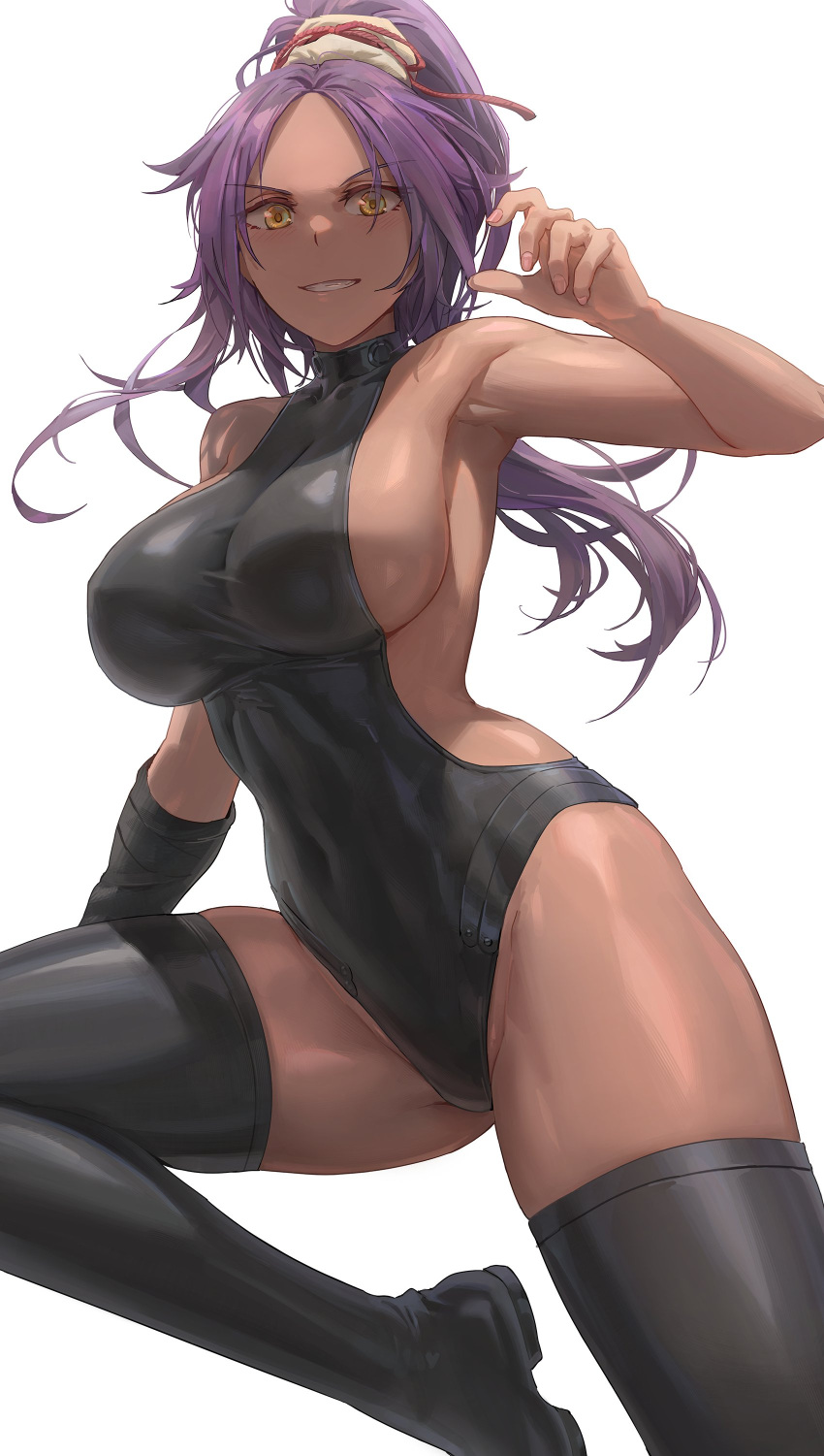 1girl absurdres armpits backless_leotard bangs black_footwear black_legwear black_leotard bleach boots breasts covered_navel dark-skinned_female dark_skin forehead free_style_(yohan1754) grin highleg highleg_leotard highres large_breasts leotard long_hair looking_at_viewer parted_bangs ponytail purple_hair shihouin_yoruichi sideboob sidelocks simple_background smile thigh-highs thigh_boots thighs white_background yellow_eyes yohan1754