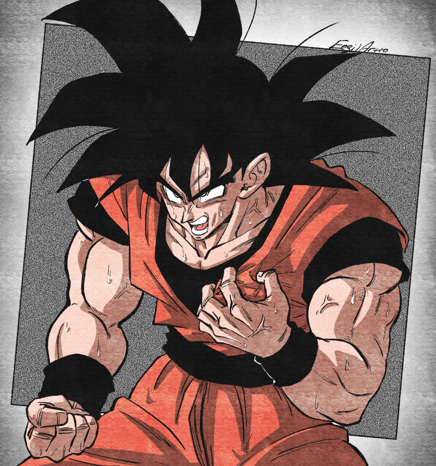 1boy black_hair bracer dragon_ball dragon_ball_z eegiiartto hand_on_own_chest highres male_focus muscular muscular_male open_mouth pain solo son_goku spiky_hair sweat