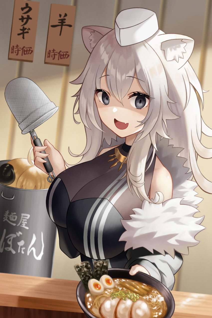2girls :d absurdres ahoge animal_ears bangs bare_shoulders black_shirt blonde_hair bowl breasts chef_hat empty_eyes eyebrows_visible_through_hair fang food grey_eyes grey_hair hair_between_eyes hand_up hat highres holding hololive horns in_pot indoors large_breasts lion_ears long_hair long_sleeves looking_at_viewer mini_hat multiple_girls noodles off_shoulder open_mouth pot ramen roina_(pixiv40428837) shirt shishiro_botan silver_hair smile translation_request tsunomaki_watame virtual_youtuber white_headwear