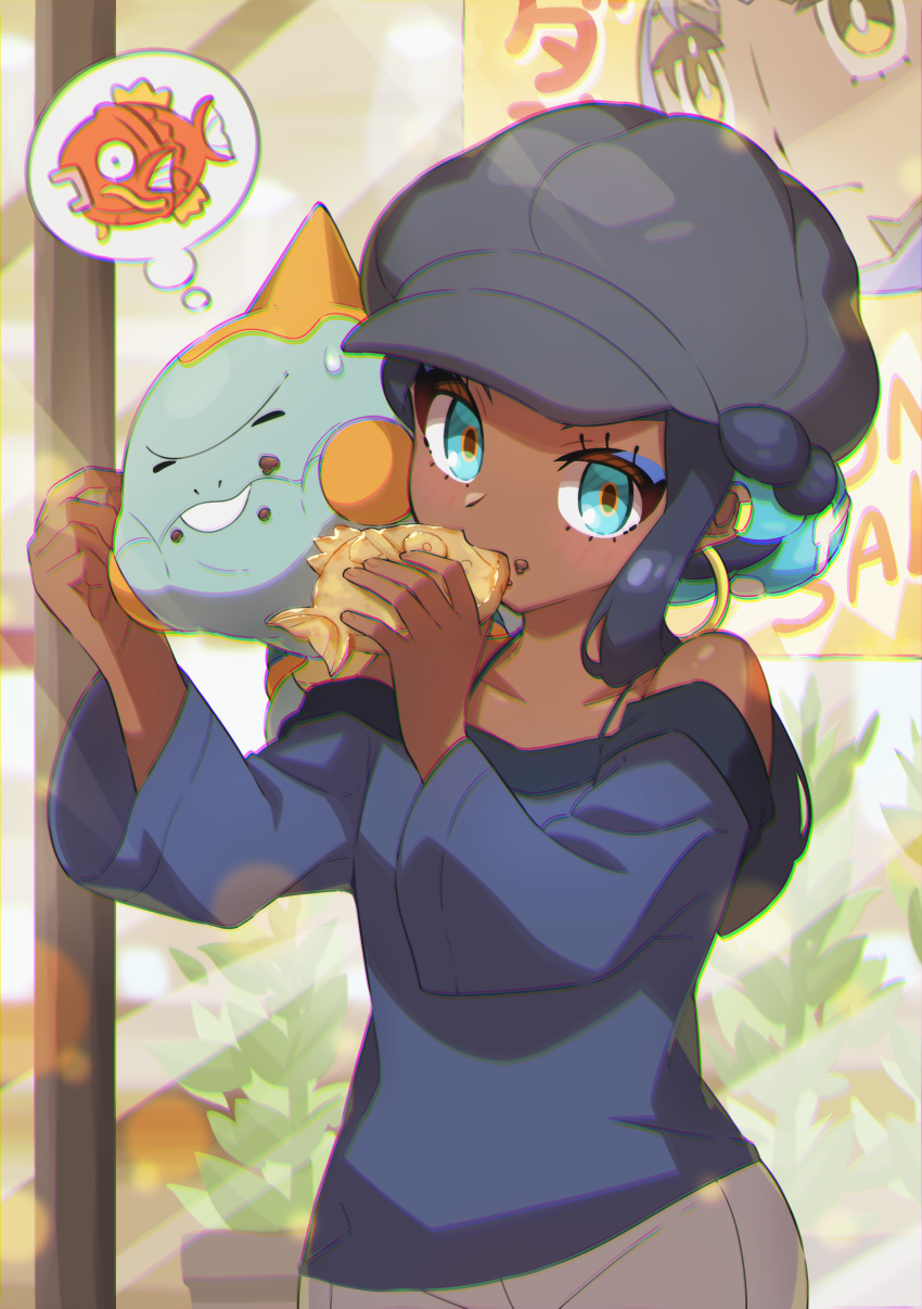 1girl absurdres bare_shoulders black_hair blue_eyeshadow blue_hair blush chewtle collarbone dark-skinned_female dark_skin earrings eating eyelashes eyeshadow food food_on_face gen_1_pokemon gen_8_pokemon green_eyes grey_headwear hands_up hat highres holding hoop_earrings jewelry looking_at_viewer magikarp makeup multicolored_hair nessa_(pokemon) pokemon pokemon:_twilight_wings pokemon_(creature) pokemon_(game) pokemon_swsh shirt sweatdrop taisa_(lovemokunae) taiyaki thought_bubble two-tone_hair wagashi