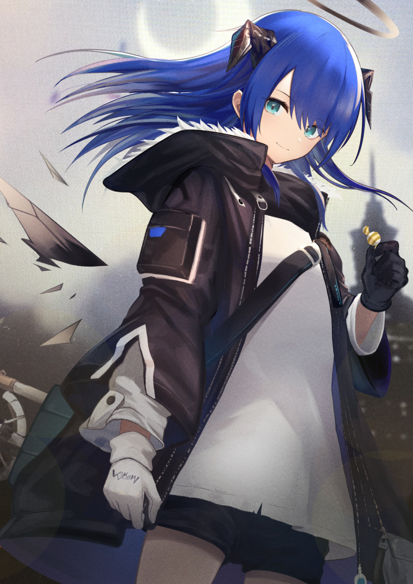 1girl arknights black_gloves black_jacket blue_eyes blue_hair breasts building candy commentary cowboy_shot demon_horns detached_wings energy_wings food fur-trimmed_hood fur_trim gloves hair_between_eyes halo highres holding holding_candy holding_food hood horns jacket long_hair looking_at_viewer mismatched_gloves mostima_(arknights) nokke_o off_shoulder outdoors shirt smile solo staff white_gloves white_shirt wings