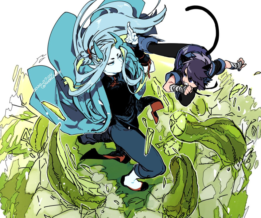 2boys aqua_hair aqua_horns dated fengxi_(the_legend_of_luoxiaohei) fighting hand_up horns long_hair multiple_boys outline short_sleeves tail the_legend_of_luo_xiaohei twitter_username vox white_outline wide_shot xuhuai_(the_legend_of_luoxiaohei) younger